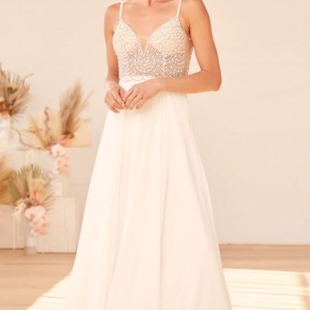 Wedding Dress - White Beaded Rhinestone Maxi Dress